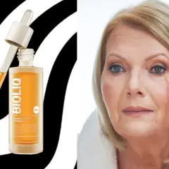 Butelka serum Bioliq z pipetką i kobieta aplikująca serum pod oczy.