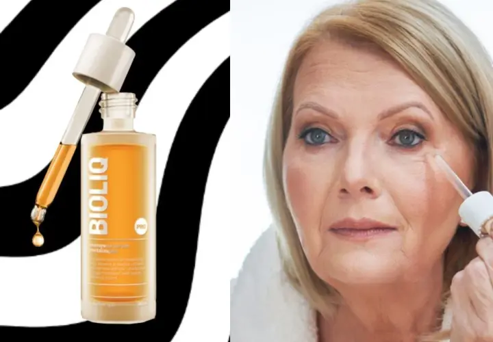 Butelka serum Bioliq z pipetką i kobieta aplikująca serum pod oczy.