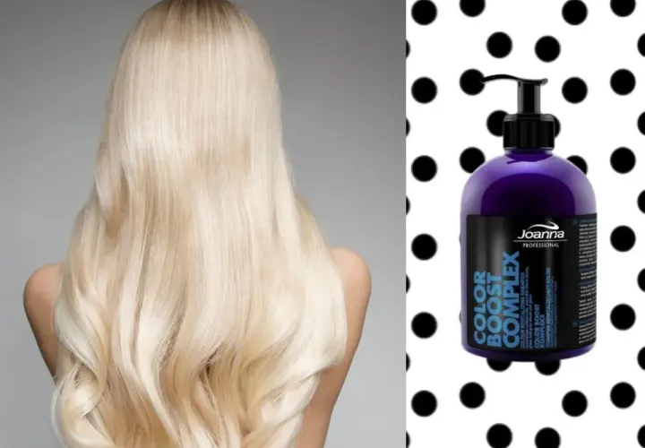 Długie, blond włosy i fioletowa butelka szamponu Joanna Color Boost Complex na tle kropek.