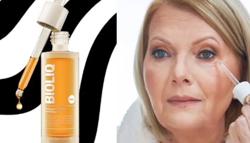 Butelka serum Bioliq z pipetką i kobieta aplikująca serum pod oczy.