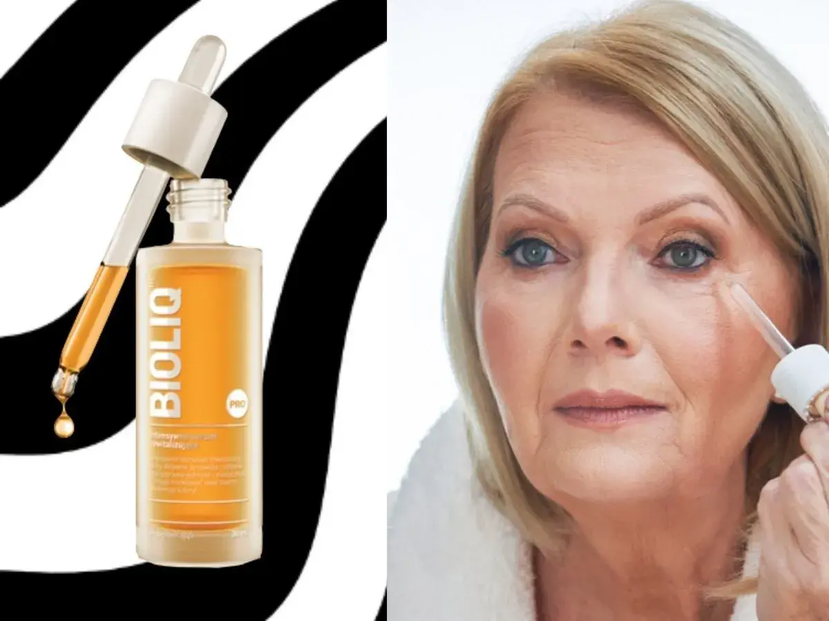 Butelka serum Bioliq z pipetką i kobieta aplikująca serum pod oczy.