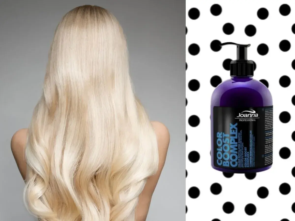 Długie, blond włosy i fioletowa butelka szamponu Joanna Color Boost Complex na tle kropek.